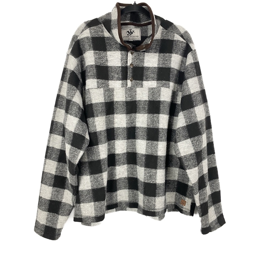 John Wayne Mens Pullover Sweater 2X Barn Chore Wooly Fleece Grey Checkered Plaid